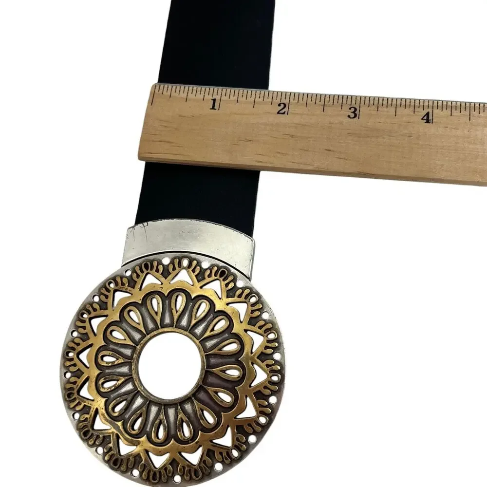Chicos Genuine Leather Medallion Belt M/L Black Round Buckle Gold Silver Tone